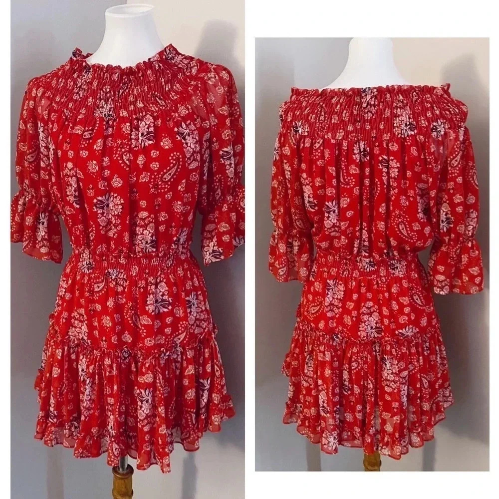 MISA X Revolve print off the shoulder dress medium smocked western boho chic